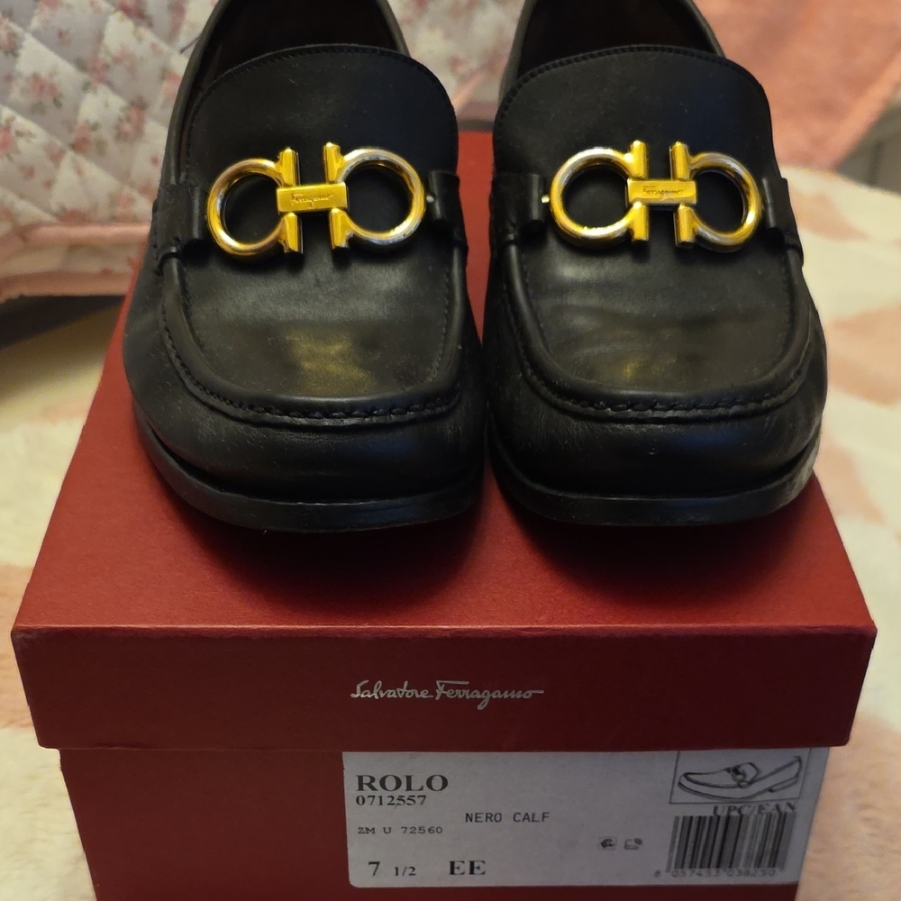 Salvatore Ferragamo ROLO Black Leather Mens Loafers 7.5 EE Reversible Buckle